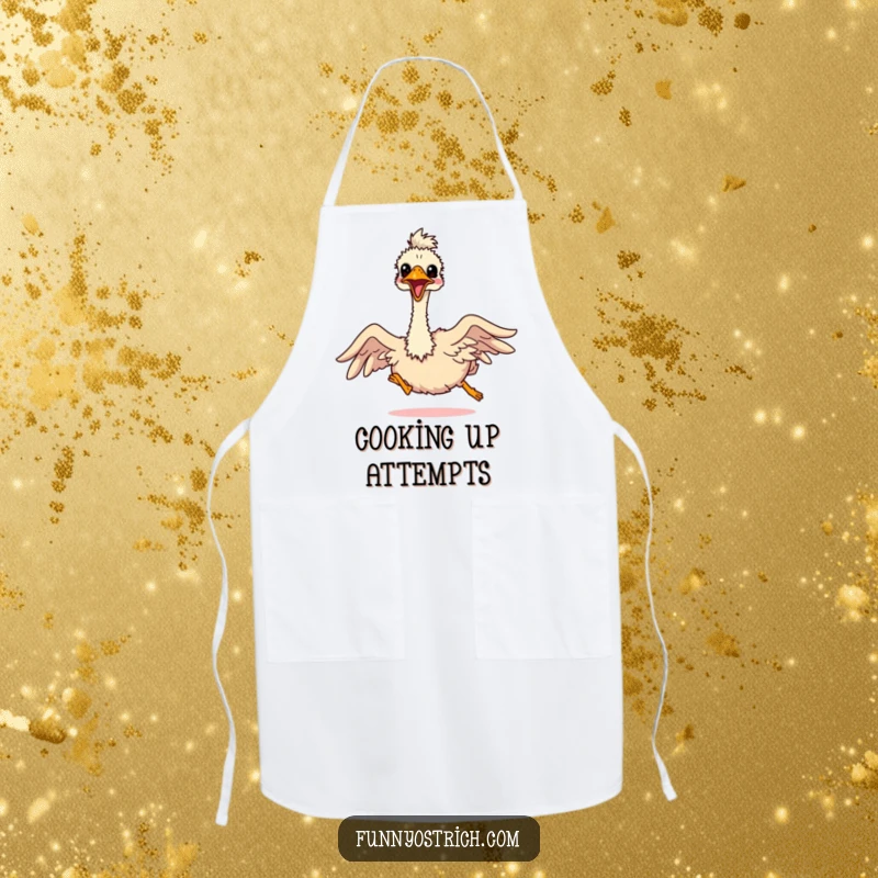 Funny kawaii ostrich comically attempting to fly with tiny, outstretched wings, printed on a durable kitchen apron.