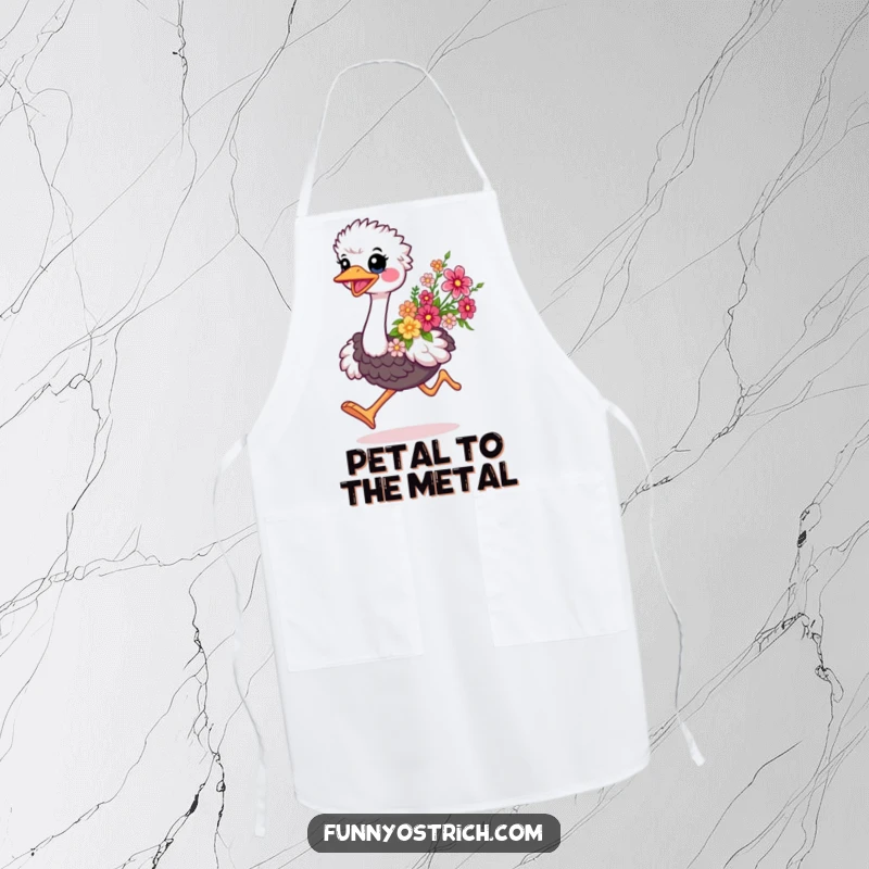 Funny kawaii ostrich apron, depicting a happy ostrich running with flowers, for a humorous cooking experience.