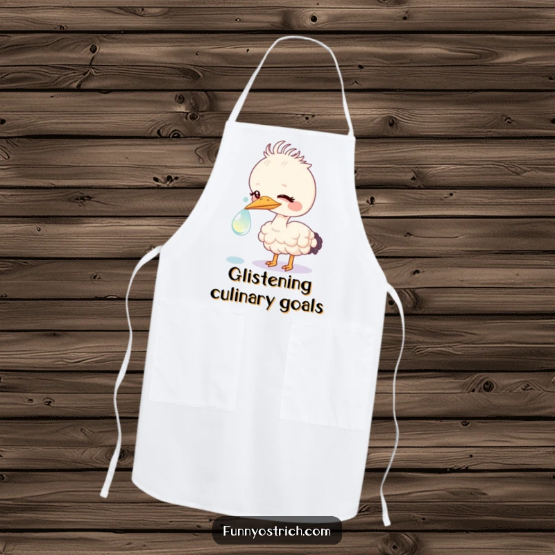 Funny kawaii ostrich gently nudging a massive, sparkling dewdrop with its beak, printed on a functional kitchen apron.
