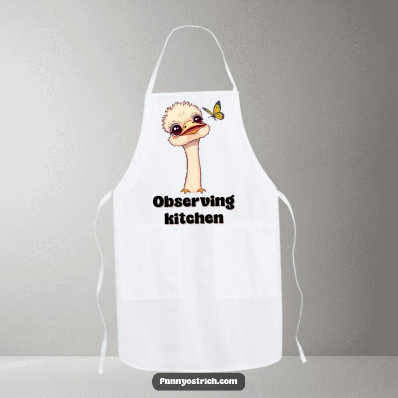 Funny kawaii ostrich apron showing a curious ostrich tilting its head to observe a fluttering butterfly. Fun for cooking.