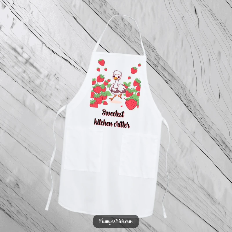 Funny giggling ostrich apron, prancing through oversized strawberries, for a humorous cooking experience.