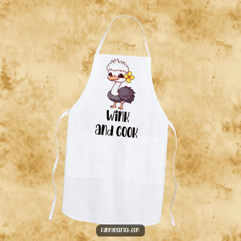 Funny kawaii ostrich apron showing a charming ostrich with a flower and a playful wink. Fun for cooking.