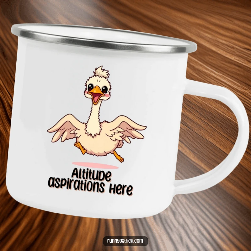 Funny kawaii ostrich comically attempting to fly with tiny wings, printed on a sturdy camping mug.