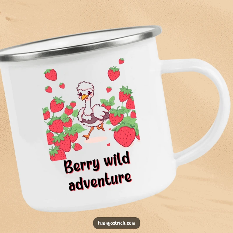 Funny giggling ostrich camping mug, prancing through oversized strawberries, perfect for outdoor enthusiasts.