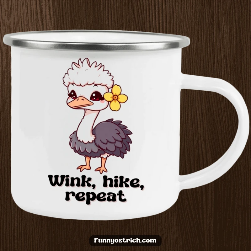 Funny kawaii ostrich camping mug with a charming ostrich, flower, and wink. Great for outdoors.