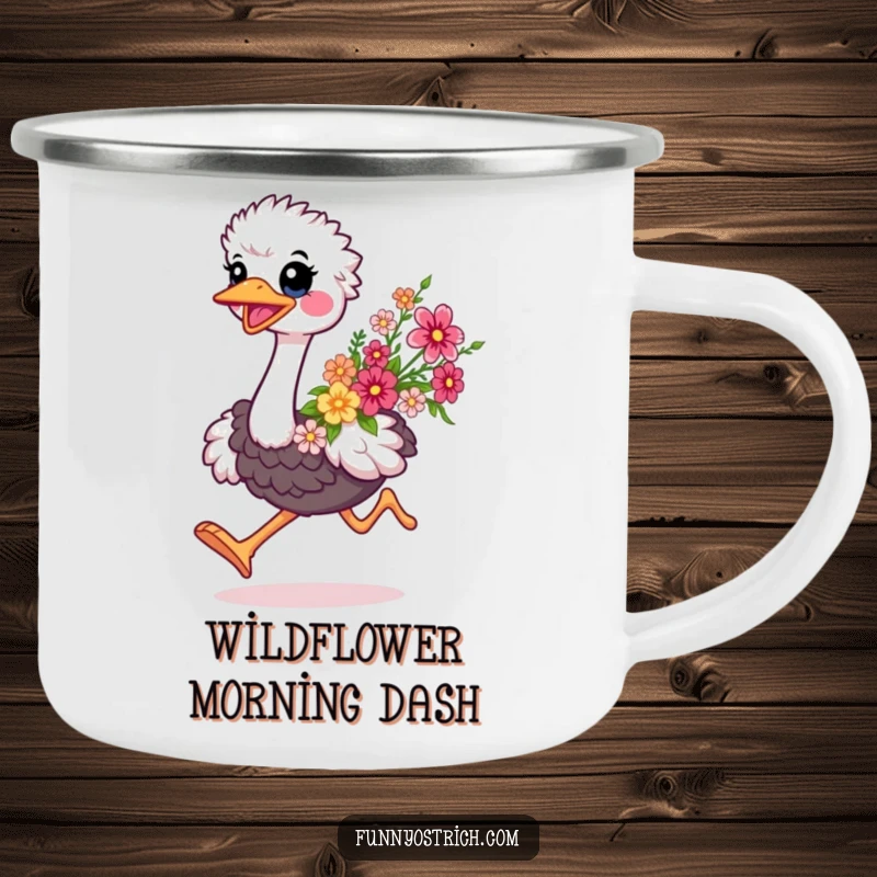 Funny kawaii ostrich camping mug, with a happy ostrich running with flowers, perfect for outdoor enthusiasts.