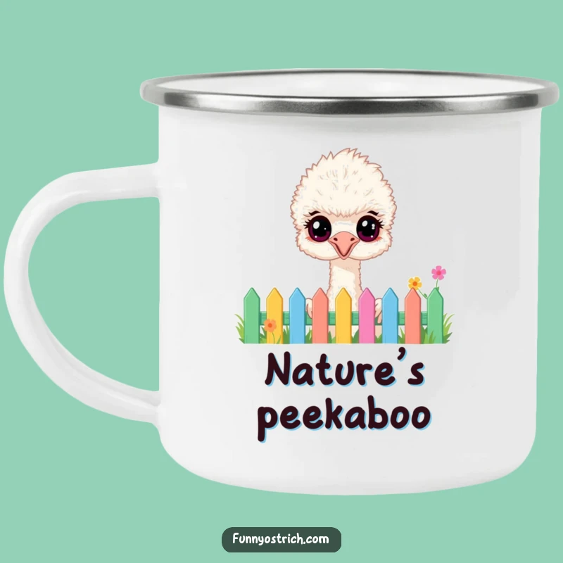 Funny Fluffy Ostrich Camping Mug: Garden Peek Adventure, Hilarious Outdoor Fun!