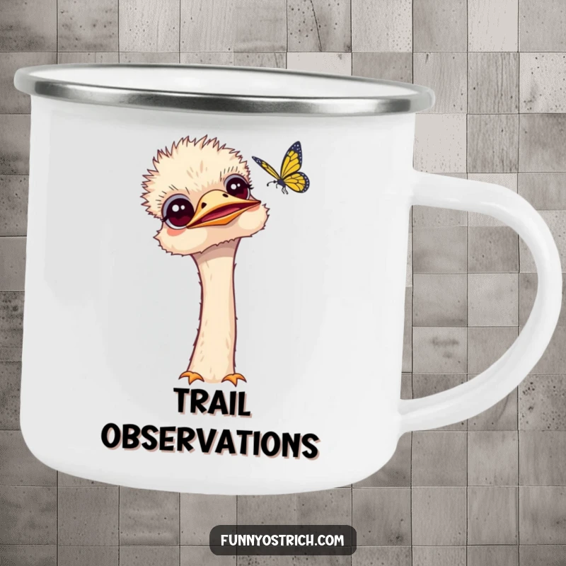 Funny kawaii ostrich camping mug showing a curious ostrich observing a butterfly. Great for outdoors.