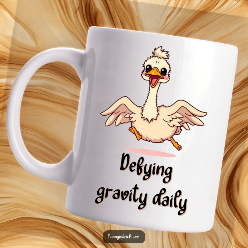 Funny kawaii ostrich with tiny wings outstretched, comically attempting to fly on a humorous coffee mug.