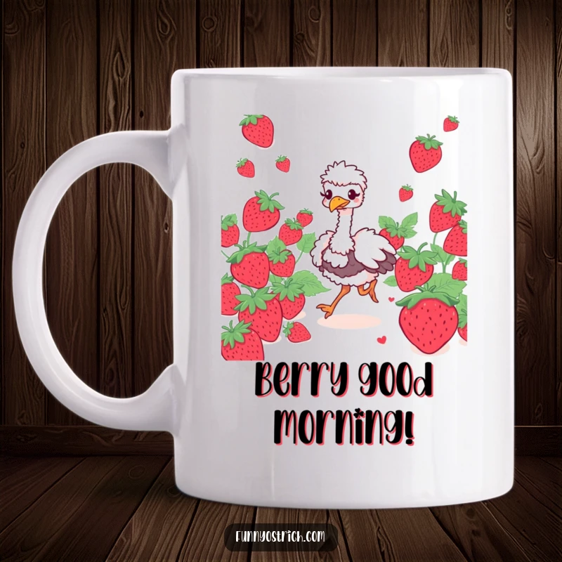 Funny ostrich character with a giggling expression prancing through a field of oversized strawberries on a mug, pure joy.