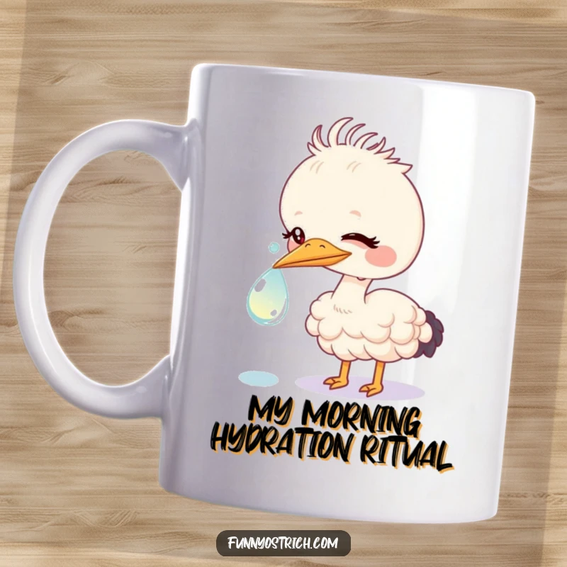 Funny kawaii ostrich with a sweet expression nudging a large, sparkling dewdrop with its beak, perfect for a cute coffee mug.