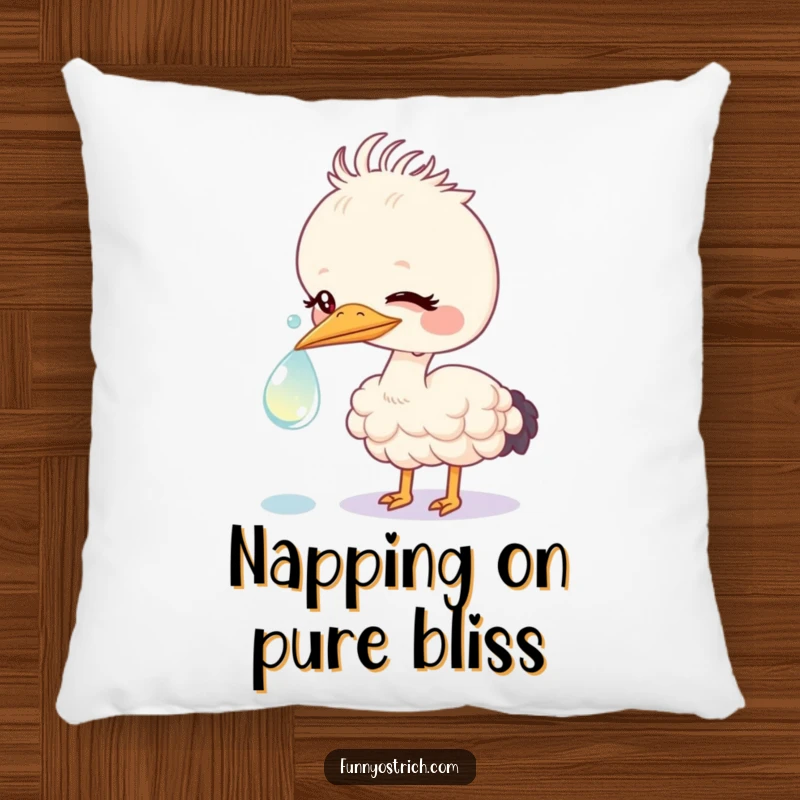 Funny kawaii ostrich with a curious expression nudging a large, sparkling dewdrop, featured on a soft, decorative pillow.