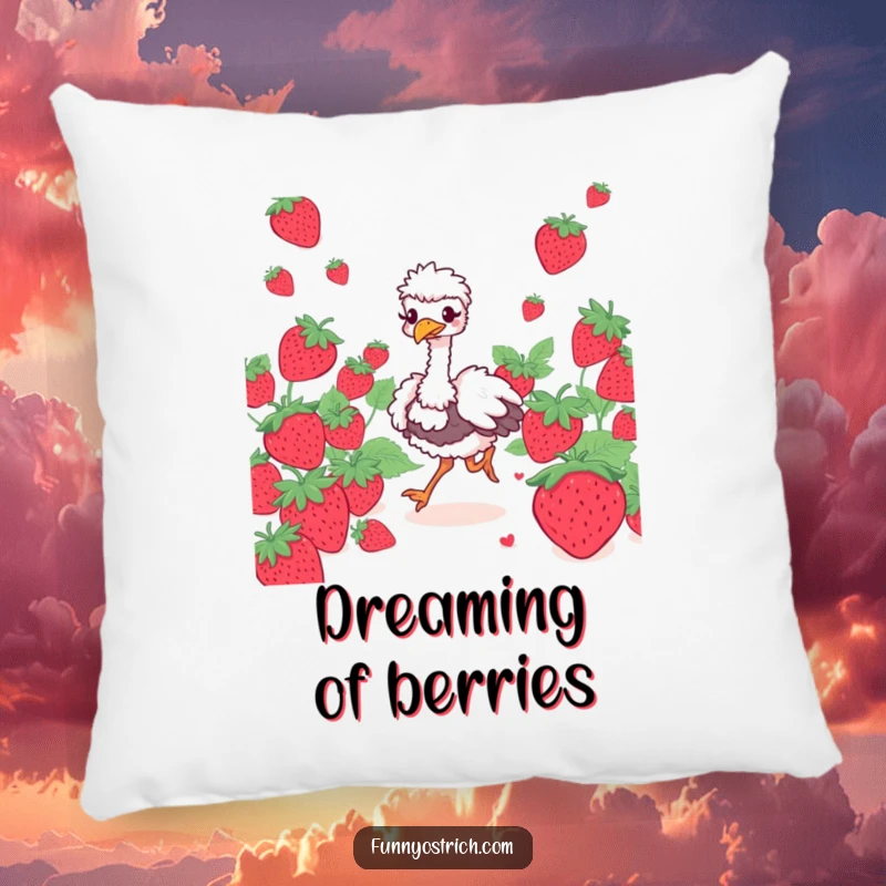 Funny giggling ostrich pillow, soft and comfortable, prancing through oversized strawberries, perfect for decor.