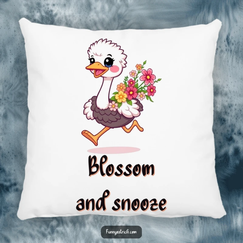 Funny kawaii ostrich pillow, soft and comfortable, showing a happy ostrich running with flowers, perfect for decor.