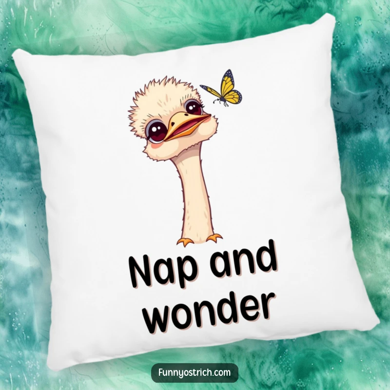 Funny kawaii ostrich pillow featuring a curious ostrich tilting its head, observing a fluttering butterfly.