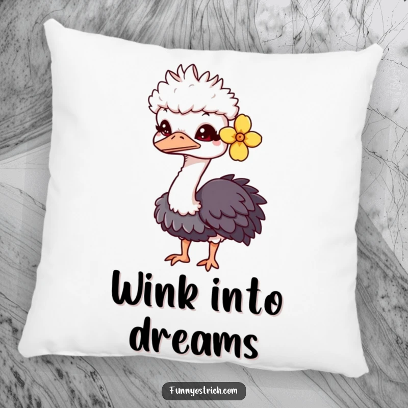 Funny kawaii ostrich pillow featuring a charming ostrich with a flower behind its ear, giving a playful wink.