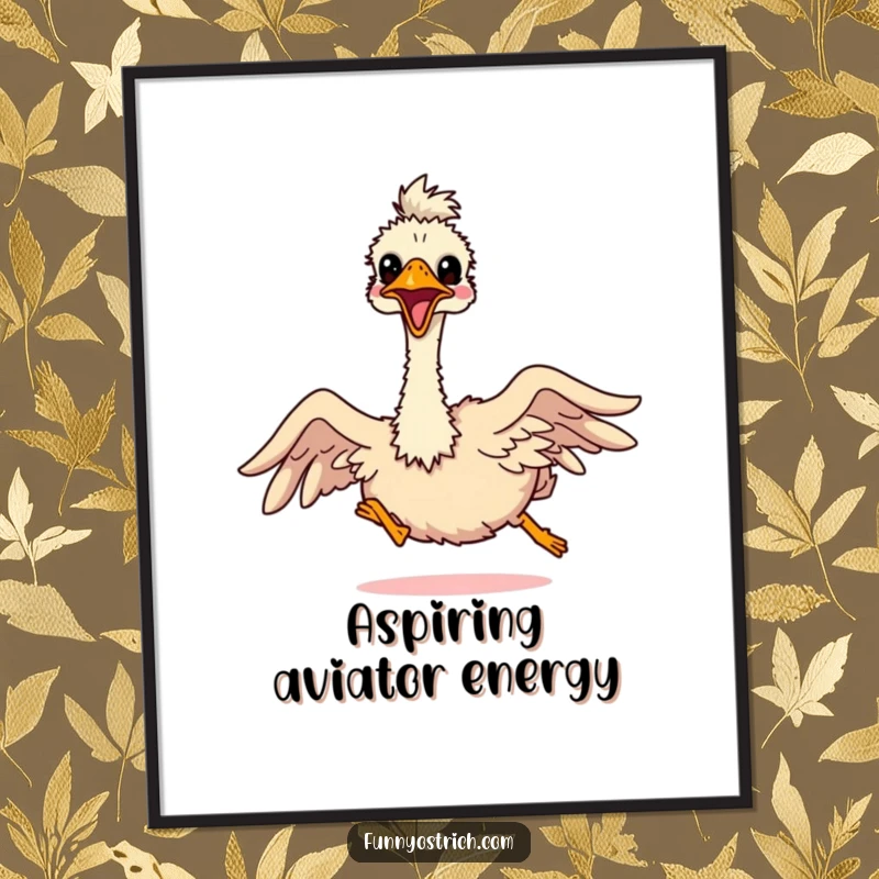 Funny kawaii ostrich comically attempting to fly with tiny outstretched wings, a humorous digital art print.