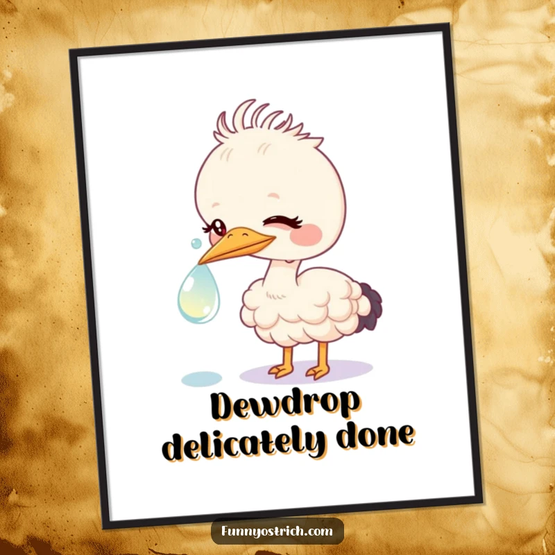 Funny kawaii ostrich gently nudging a large, sparkling dewdrop with its beak, a charming digital art print.