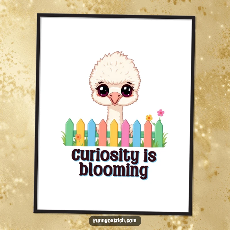 Funny fluffy ostrich digital art print, of a happy ostrich with wide eyes peeking over a colorful garden fence, downloadable art.