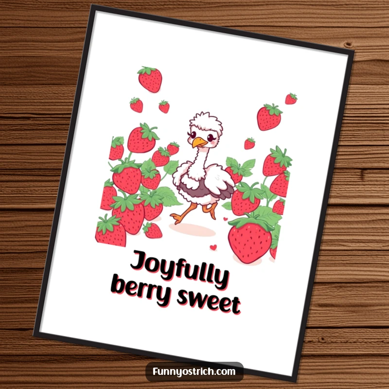 Funny giggling ostrich digital art print, of an ostrich prancing through oversized strawberries, downloadable art.