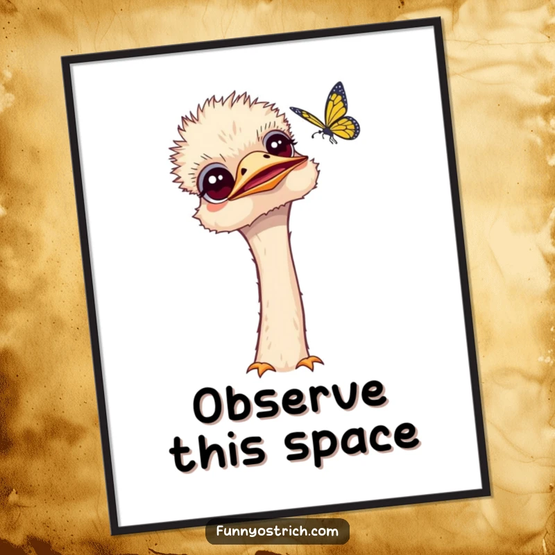 Funny kawaii ostrich digital art print of a curious ostrich tilting its head, observing a fluttering butterfly.