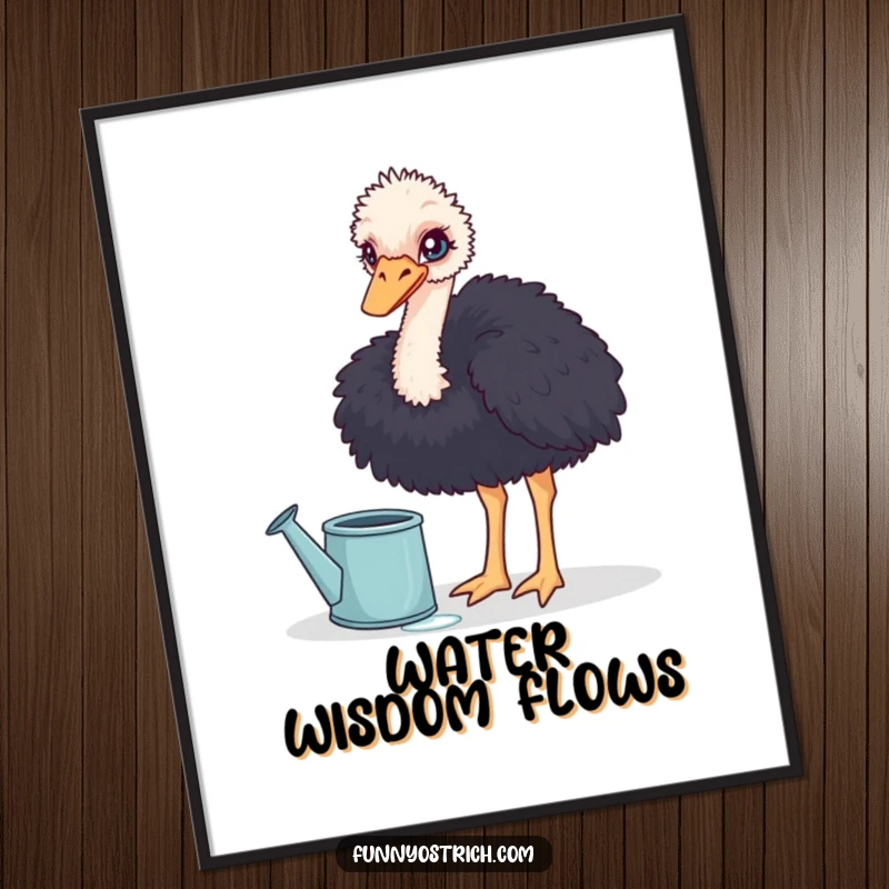 Funny curious ostrich digital art print, of an ostrich dipping its head into a large watering can, downloadable art.