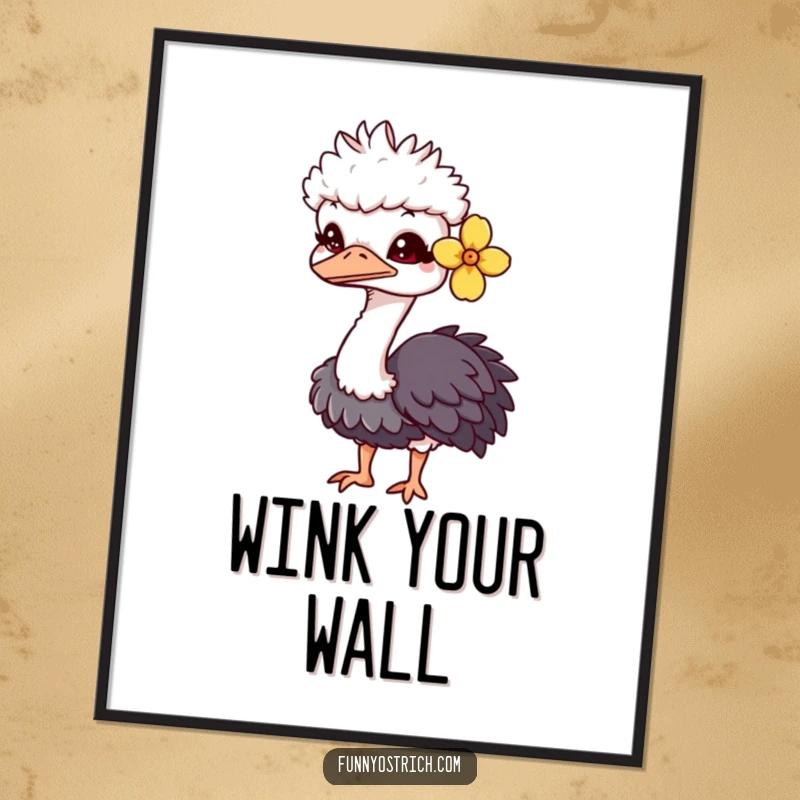 Funny kawaii ostrich digital art print of a charming ostrich with a flower and a playful wink.