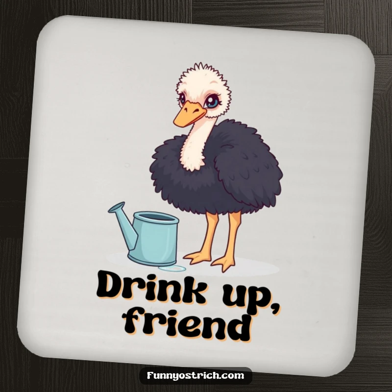 Funny curious ostrich coaster, dipping its head into a large watering can, protecting surfaces with humor.