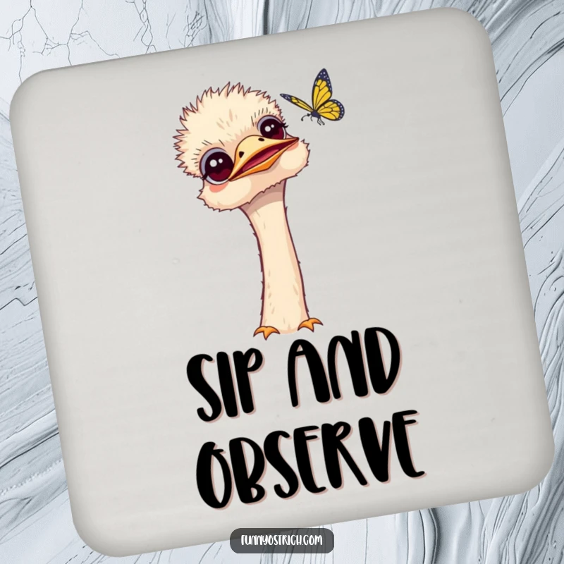 Funny kawaii ostrich coasters with a curious ostrich observing a butterfly adds wonder and protection.