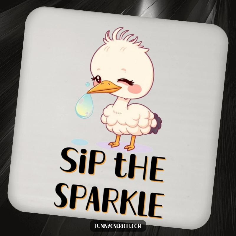 Funny kawaii ostrich nudging a sparkling dewdrop, depicted on protective drink coasters, adding cute charm.