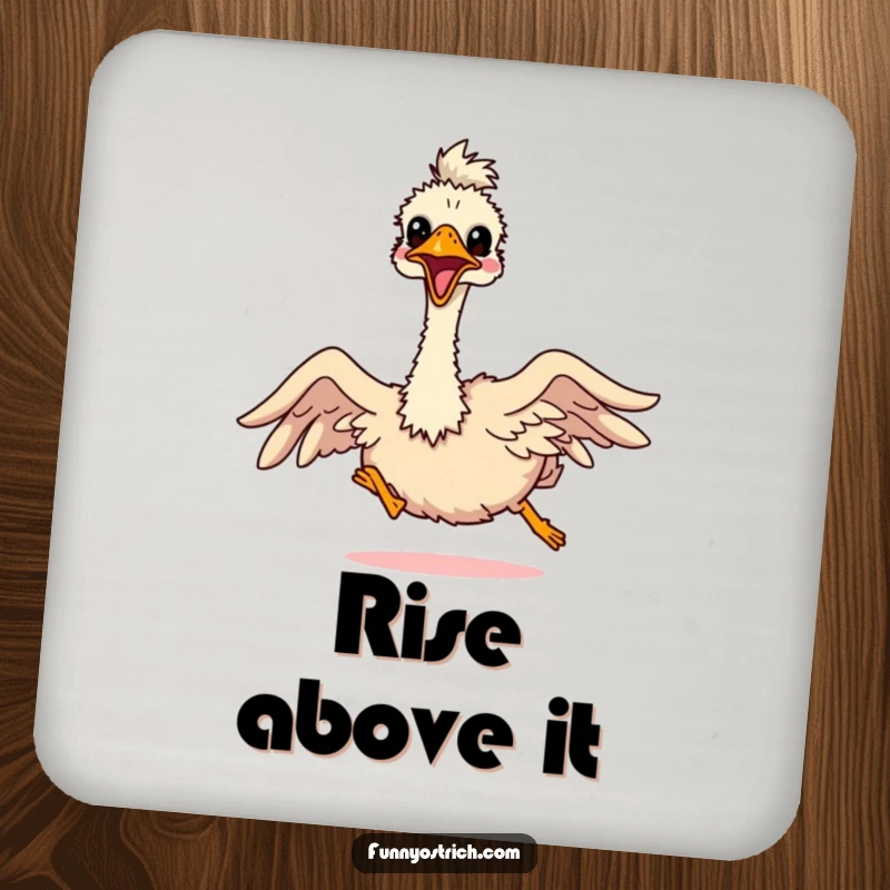 Funny kawaii ostrich comically attempting to fly with tiny wings, depicted on protective drink coasters.