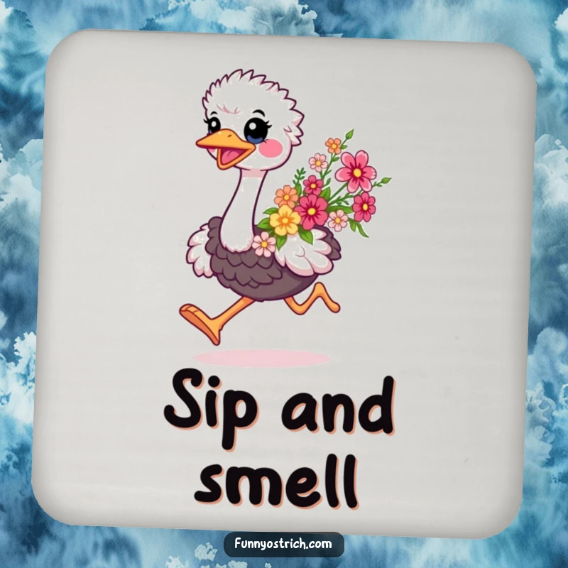 Funny kawaii ostrich coaster, showing a happy ostrich running with flowers, protecting surfaces with humor.