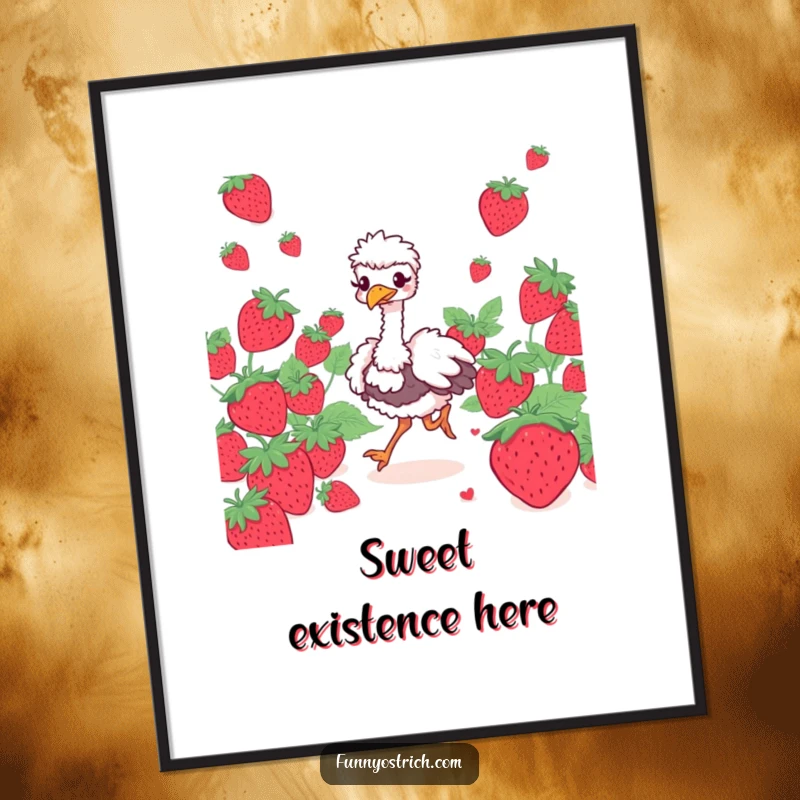 Funny ostrich poster with a giggling expression prancing through a field of oversized strawberries, for humorous wall decor.