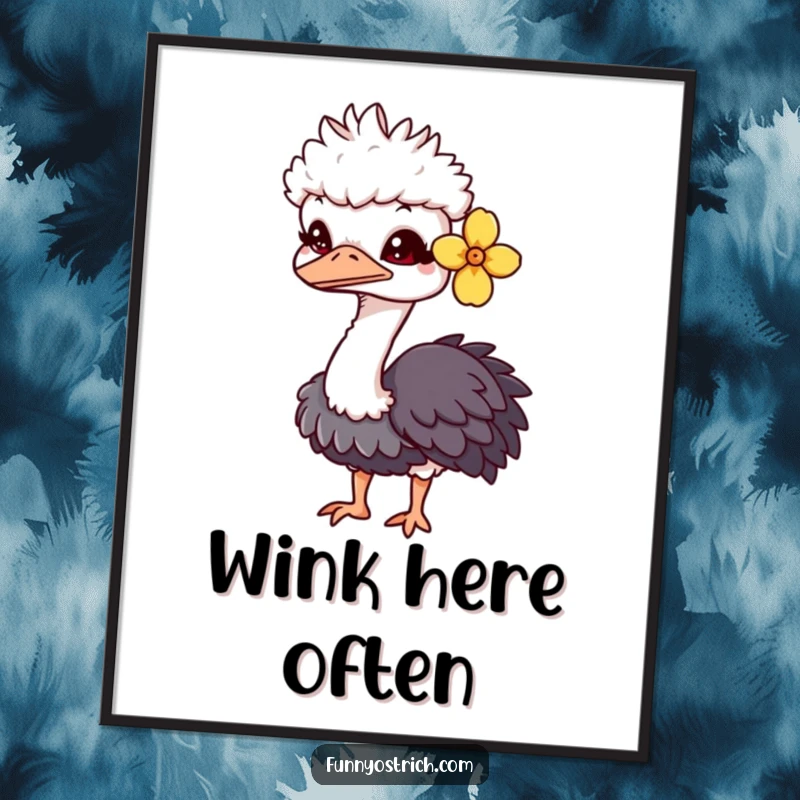Funny kawaii ostrich poster depicting a charming ostrich with a flower behind its ear, giving a delightful wink.