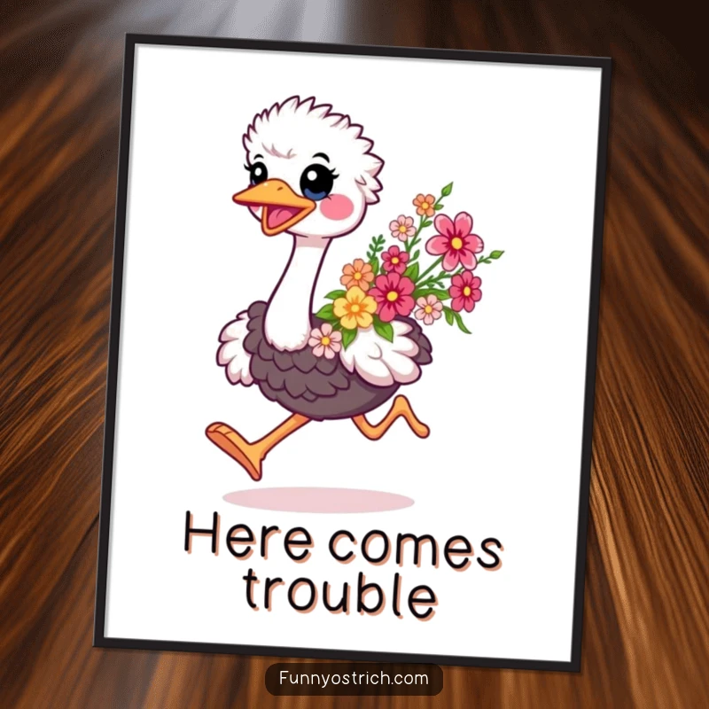 Funny kawaii ostrich poster, depicting a happy ostrich running with a bright bouquet of flowers, adding humor to walls.