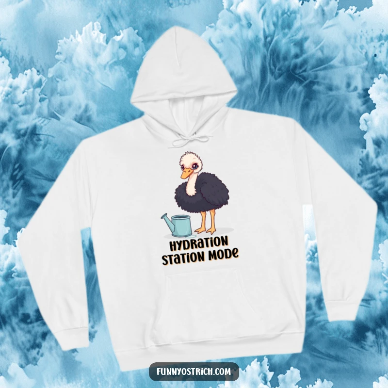 Funny curious ostrich wearing a hoodie, dipping its head into a large watering can, perfect for cozy humor.