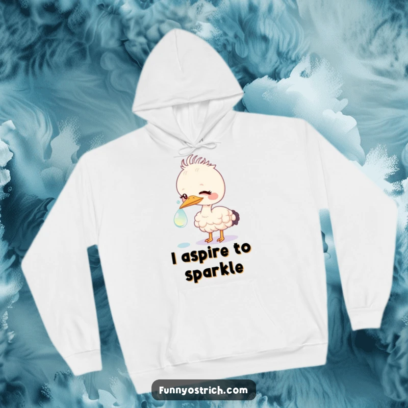 Funny kawaii ostrich with a gentle expression nudging a sparkling dewdrop, featured on a cozy, warm hoodie.