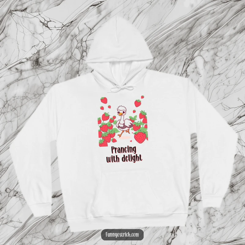 Funny ostrich character with a giggling expression wearing a hoodie, prancing through oversized strawberries, cozy humor.