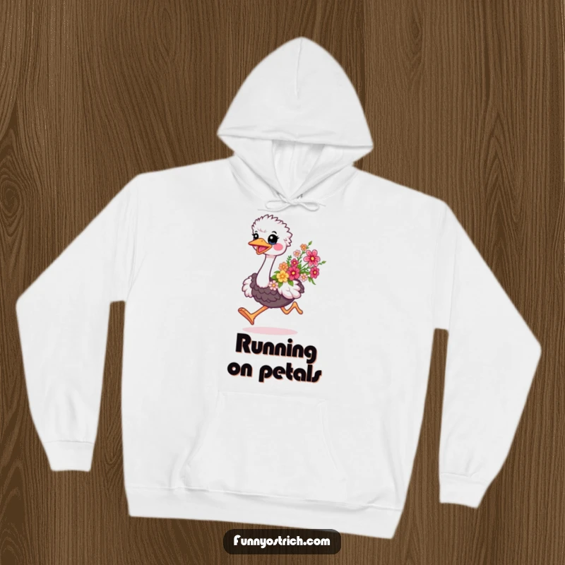 Funny kawaii ostrich wearing a hoodie, playfully running with a vibrant bouquet of flowers, perfect for cozy humor.