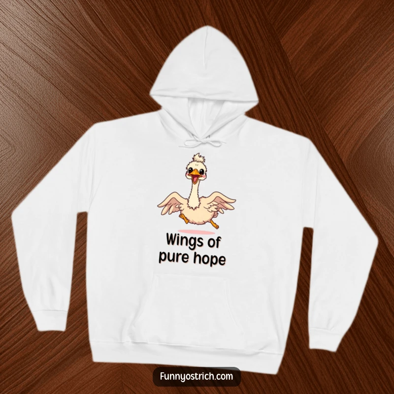 Funny kawaii ostrich with tiny wings spread wide, comically trying to fly, featured on a cozy hoodie.