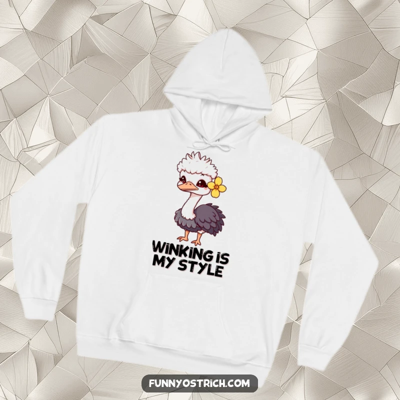 Funny kawaii ostrich hoodie featuring a charming ostrich with a flower behind its ear, giving a playful wink. Cozy and witty.