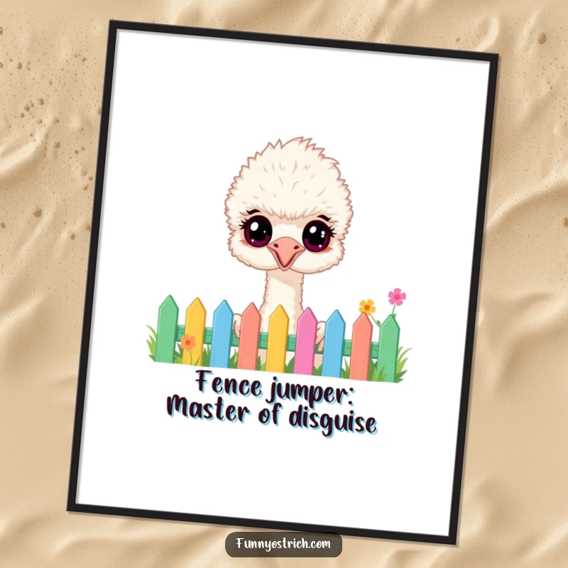 Funny Free Printable Wall Art: A fluffy ostrich with wide, happy eyes curiously peeking over a colorful garden fence.