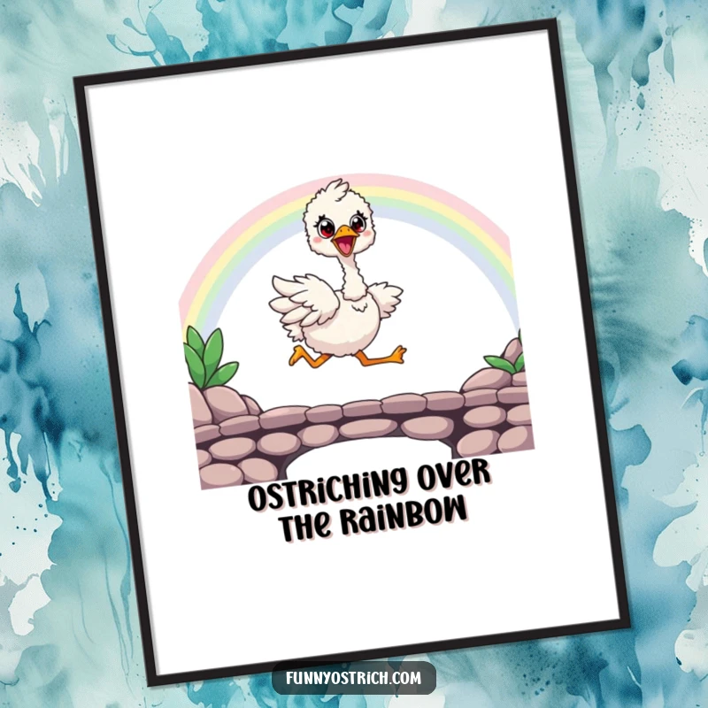 Funny Free Printable Wall Art: Joyful kawaii ostrich running across a vibrant rainbow bridge, whimsical digital art.