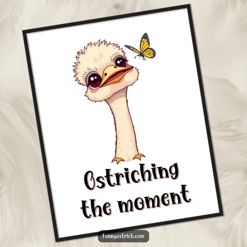 Funny Free Printable Wall Art: Curious kawaii ostrich tilting its head, observing a fluttering butterfly, serene digital art.