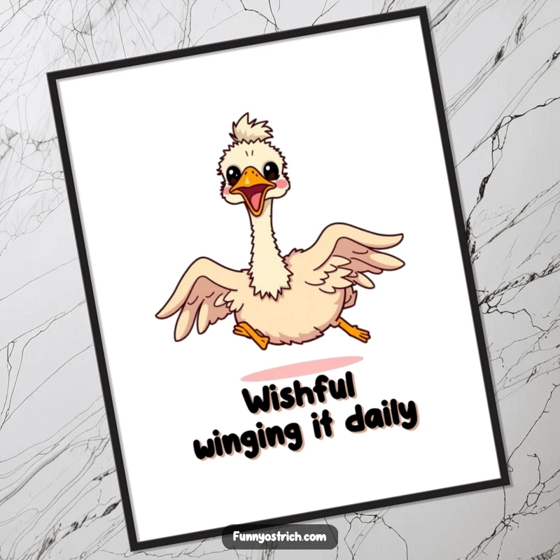 Funny Free Printable Wall Art: Energetic kawaii ostrich hilariously trying to fly with its comically small outstretched wings.