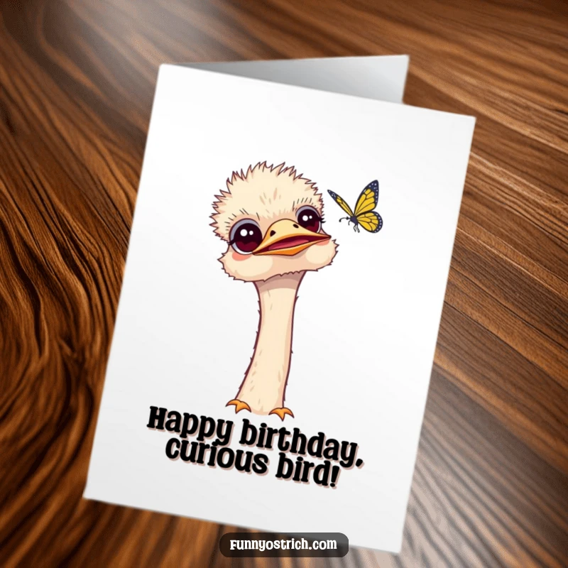 Funny Free Printable Birthday Card: Curious kawaii ostrich tilts its head, observing a delicate butterfly, bringing birthday joy.