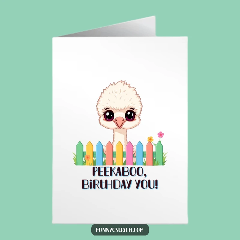Free Printable Birthday Card: Fluffy Ostrich Garden Fence, Funny Downloadable Gift for Happy Wishes