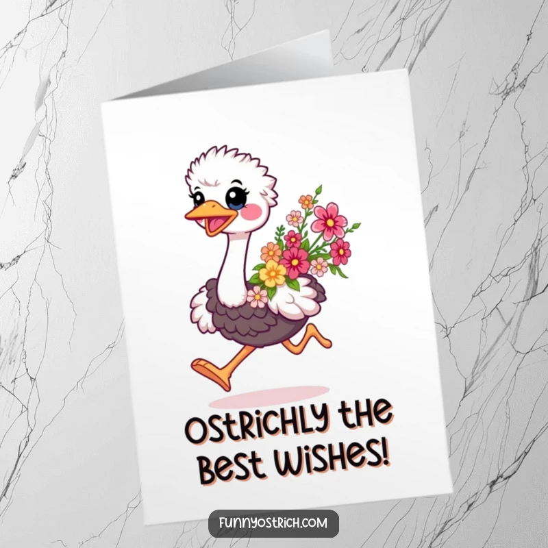 Funny Free Printable Birthday Card: Smiling kawaii ostrich happily running with a vibrant bouquet of flowers.