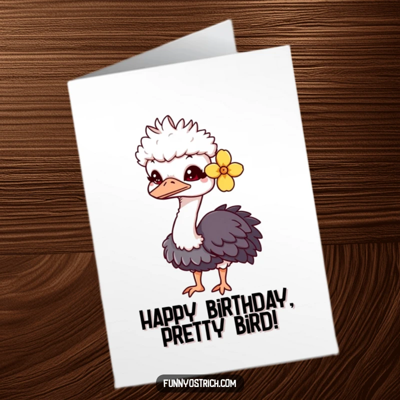 Funny Free Printable Birthday Card: Charming kawaii ostrich with a flower winks playfully, sending birthday wishes.