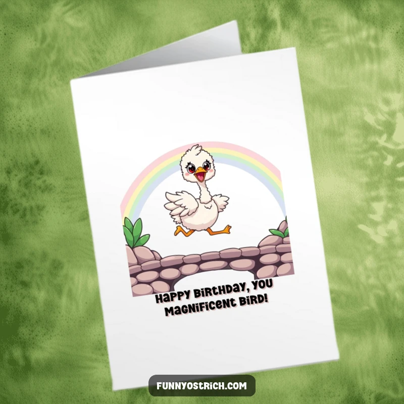 Funny Free Printable Birthday Card: Happy kawaii ostrich sprints across a rainbow bridge, eyes wide with birthday excitement.